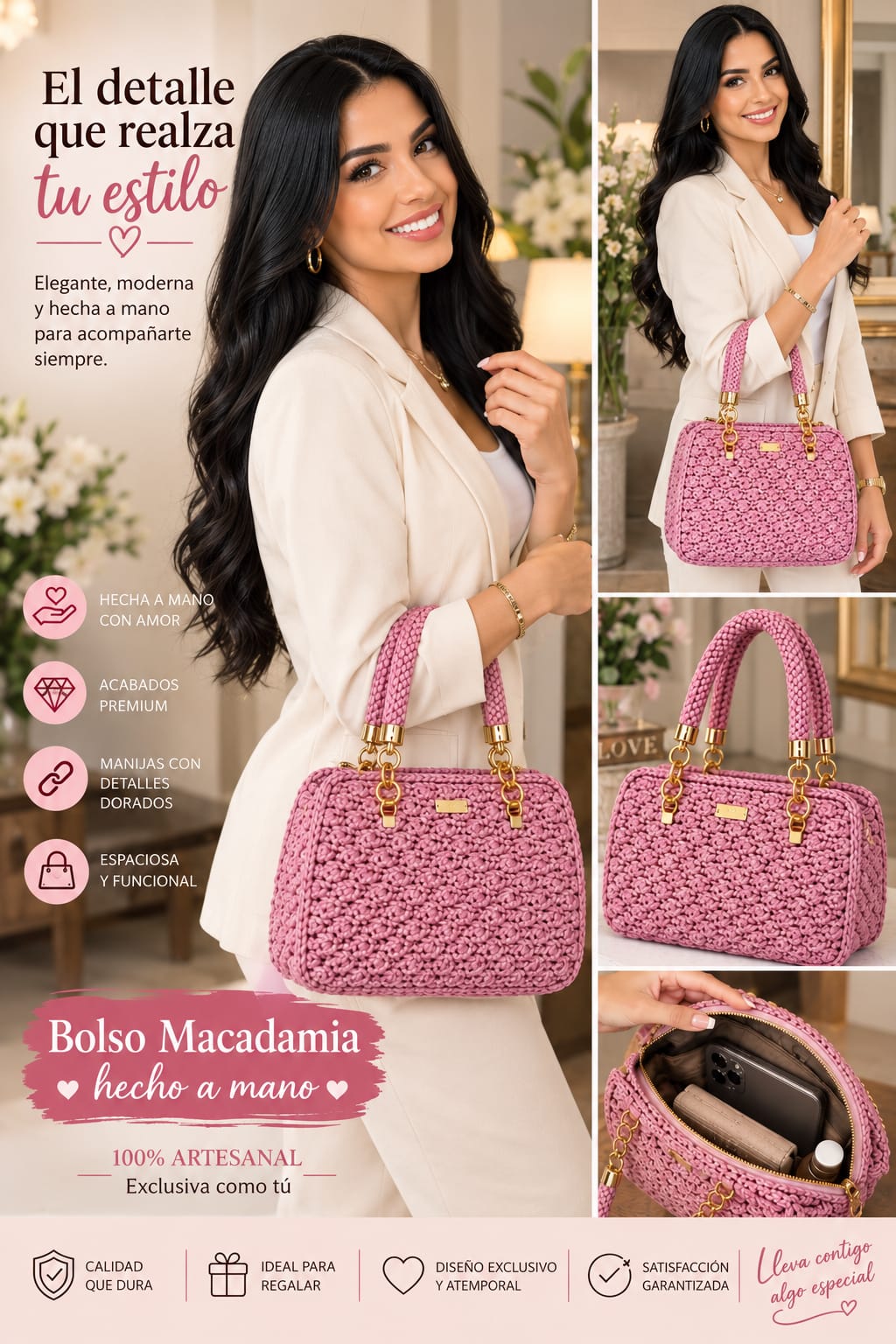 👜BOLSO MACADAMIA TEJIDO, HECHO A MANO ✨ CON CADENA DORADA ELEGANTE, ESPACIOSO Y  LIVIANO😍