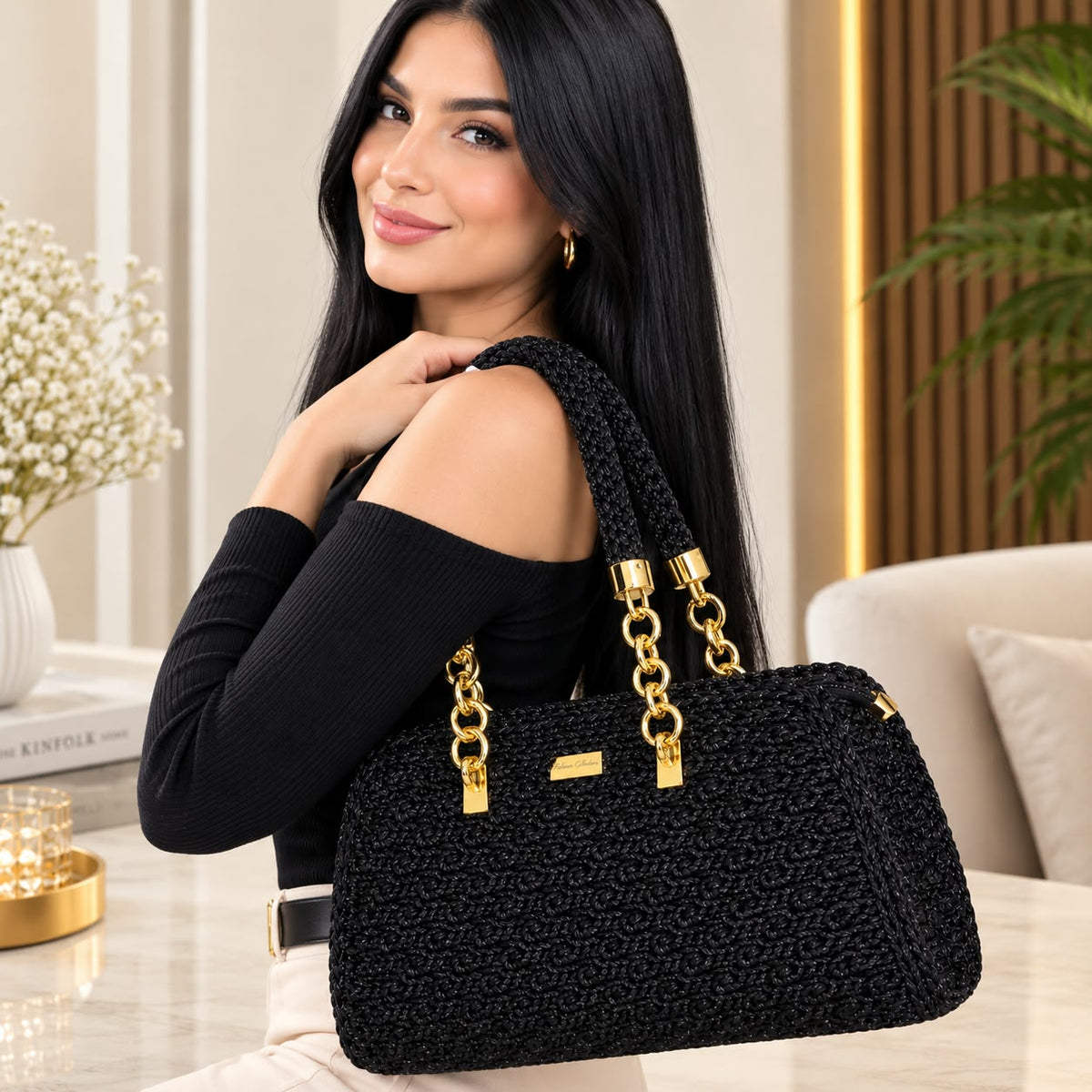 👜BOLSO MACADAMIA TEJIDO, HECHO A MANO ✨ CON CADENA DORADA ELEGANTE, ESPACIOSO Y  LIVIANO😍