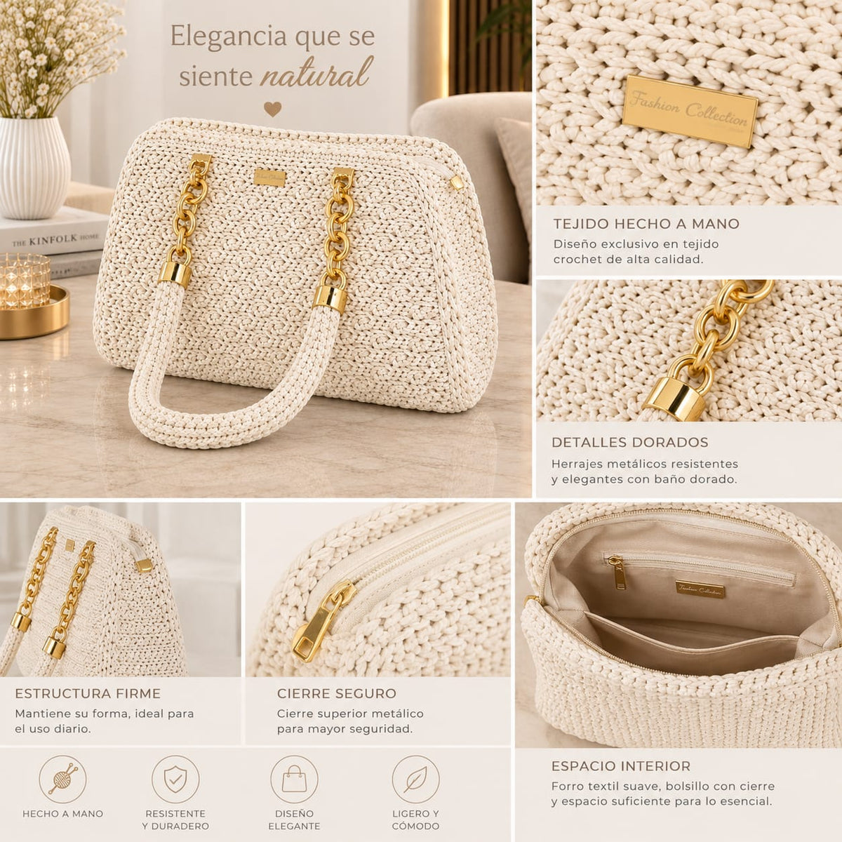 👜BOLSO MACADAMIA TEJIDO, HECHO A MANO ✨ CON CADENA DORADA ELEGANTE, ESPACIOSO Y  LIVIANO😍