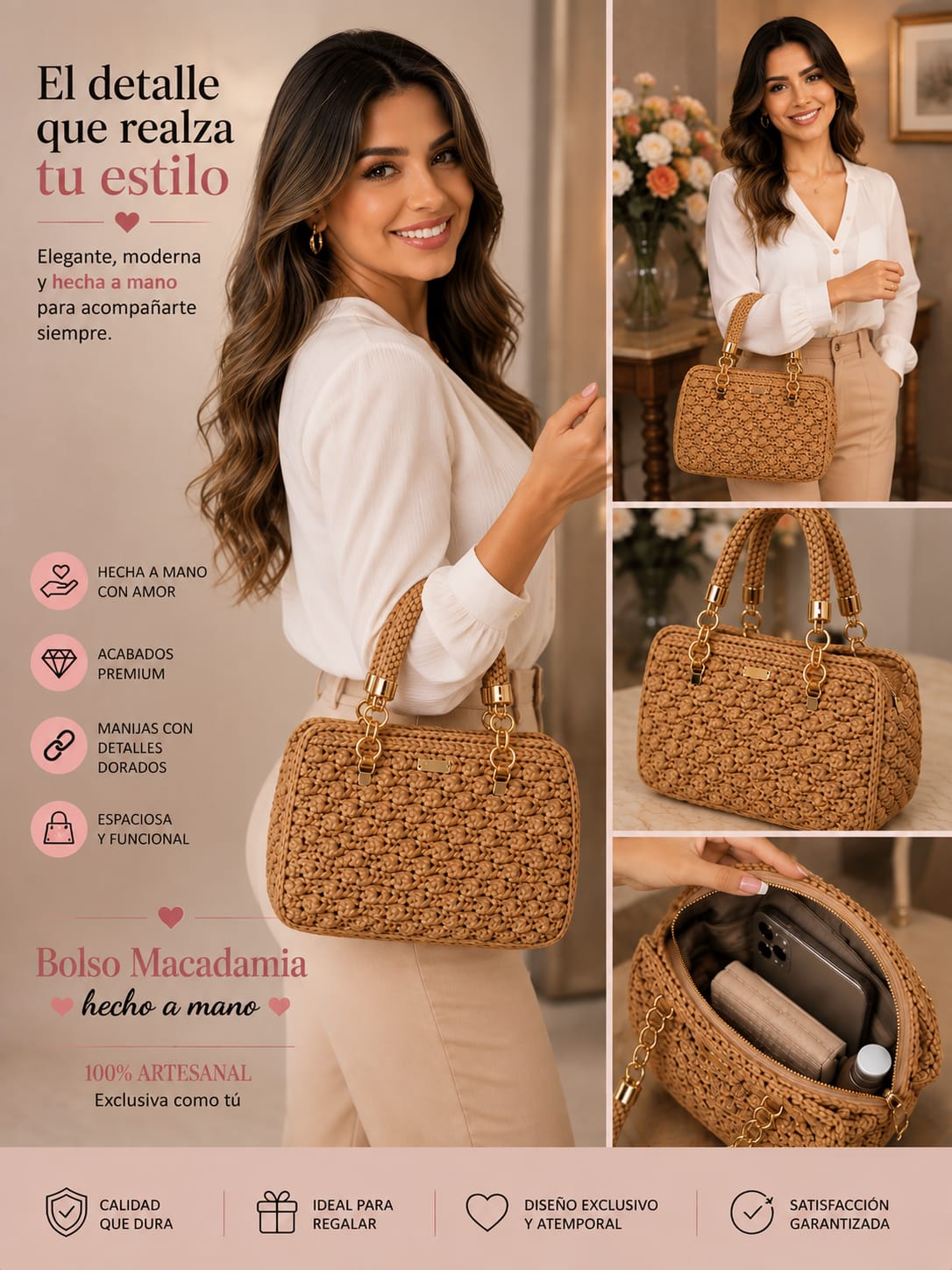 👜BOLSO MACADAMIA TEJIDO, HECHO A MANO ✨ CON CADENA DORADA ELEGANTE, ESPACIOSO Y  LIVIANO😍