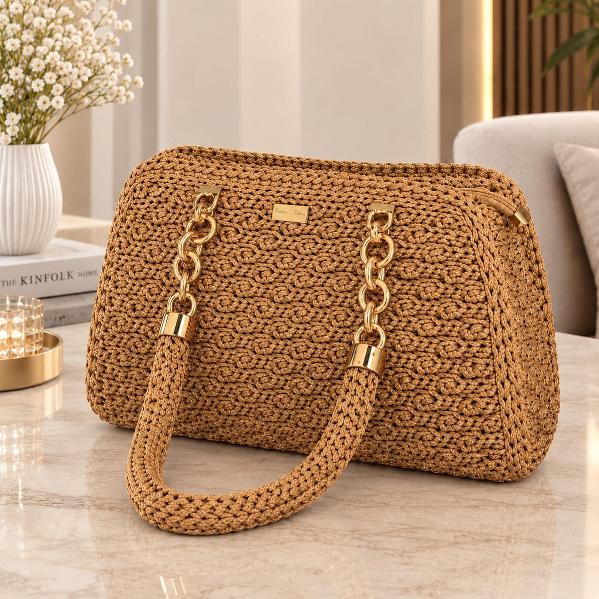 👜BOLSO MACADAMIA TEJIDO, HECHO A MANO ✨ CON CADENA DORADA ELEGANTE, ESPACIOSO Y  LIVIANO😍