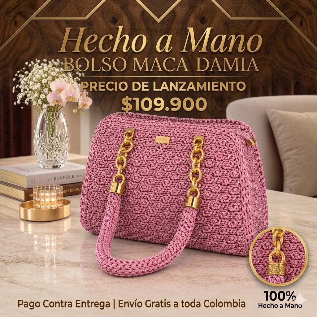 👜BOLSO MACADAMIA TEJIDO, HECHO A MANO ✨ CON CADENA DORADA ELEGANTE, ESPACIOSO Y  LIVIANO😍